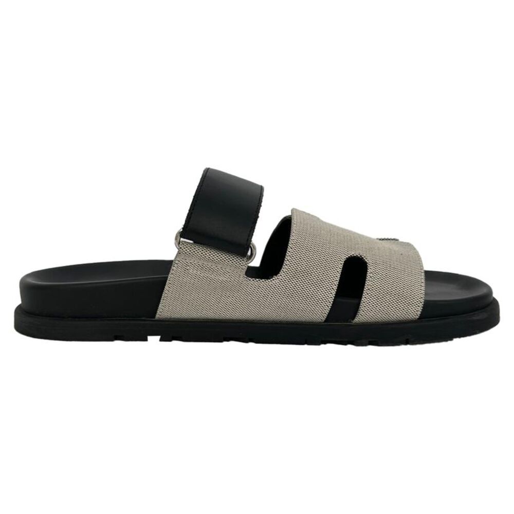 Hermès Chypre Sandals in White and Black Canvas and Leather